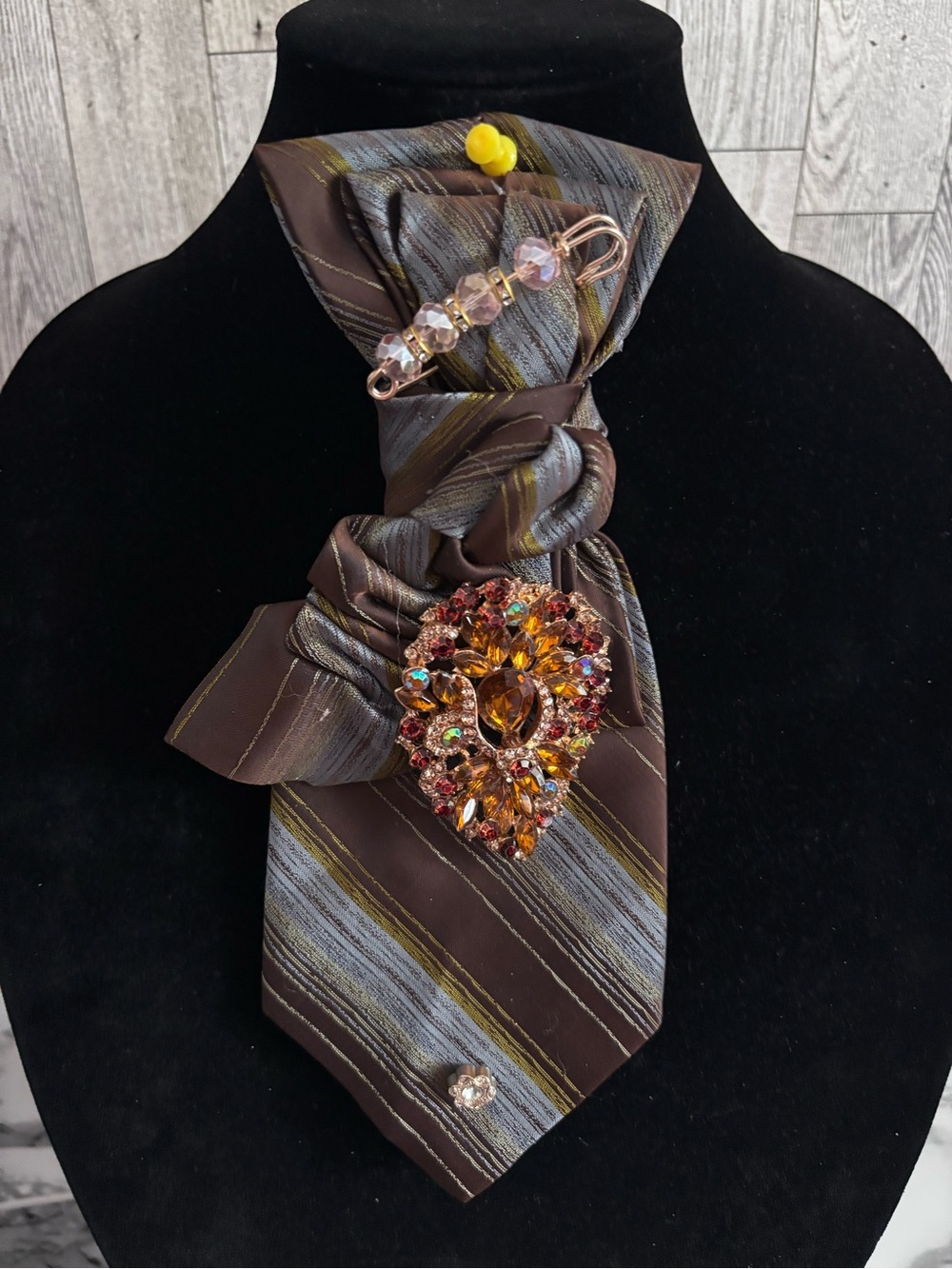 Brown StripedNecktie with Amber Crystal Brooch - Luxury Women’s Accessory